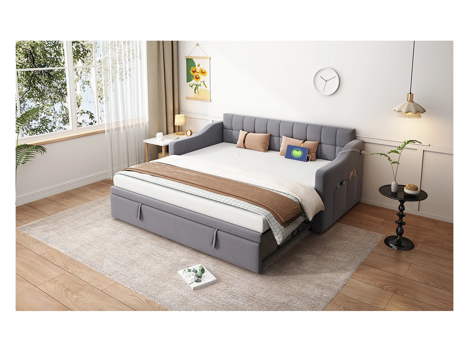Letto estraibile imbottito 2 in 1 - 90/180 x 190 cm - divano letto con presa di corrente e vano contenitore - tessuto in velluto - grigio