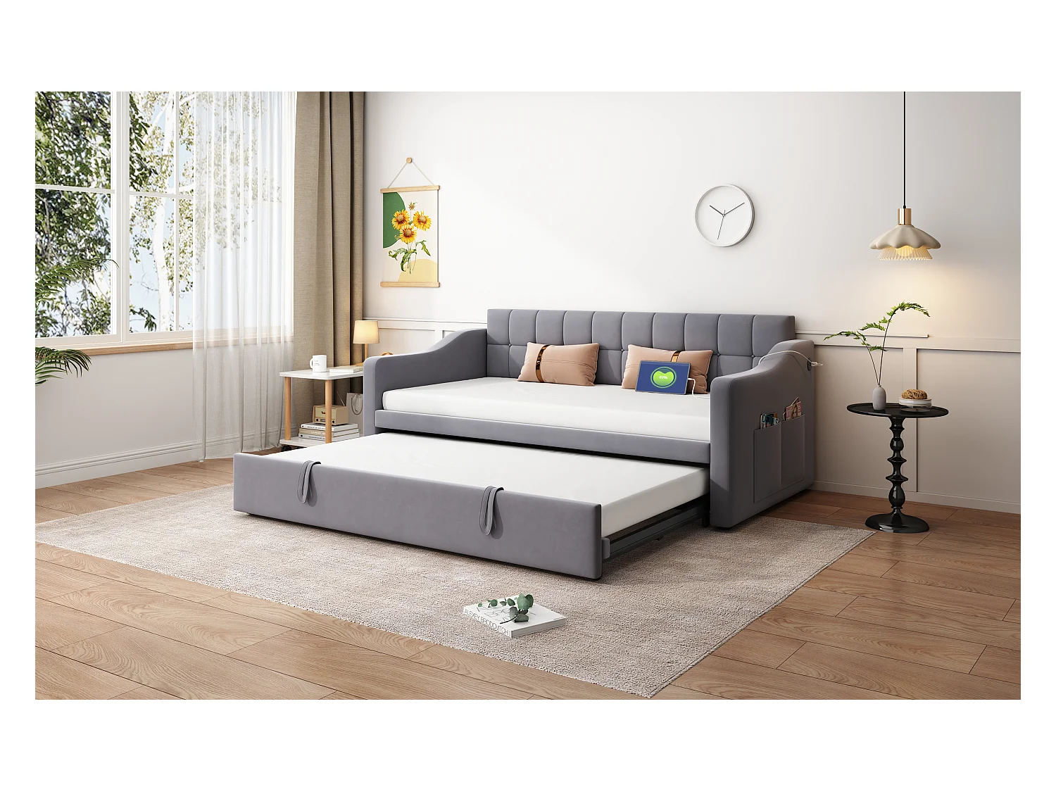 Letto estraibile imbottito 2 in 1 - 90/180 x 190 cm - divano letto con presa di corrente e vano contenitore - tessuto in velluto - grigio