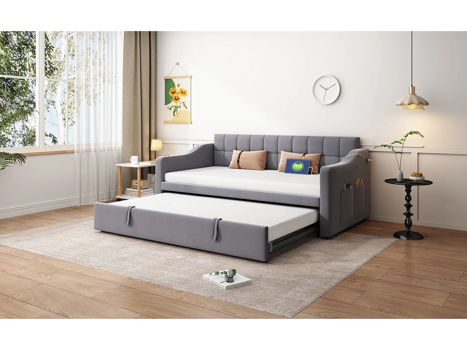 Lit gigogne rembourré 2 en 1 - 90/180 x 190 cm - canapé-lit avec prise et rangement - Tissu velours - gris