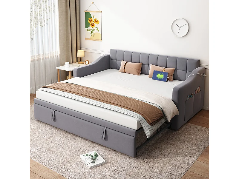 Lit gigogne rembourré 2 en 1 - 90/180 x 190 cm - canapé-lit avec prise et rangement - Tissu velours - gris