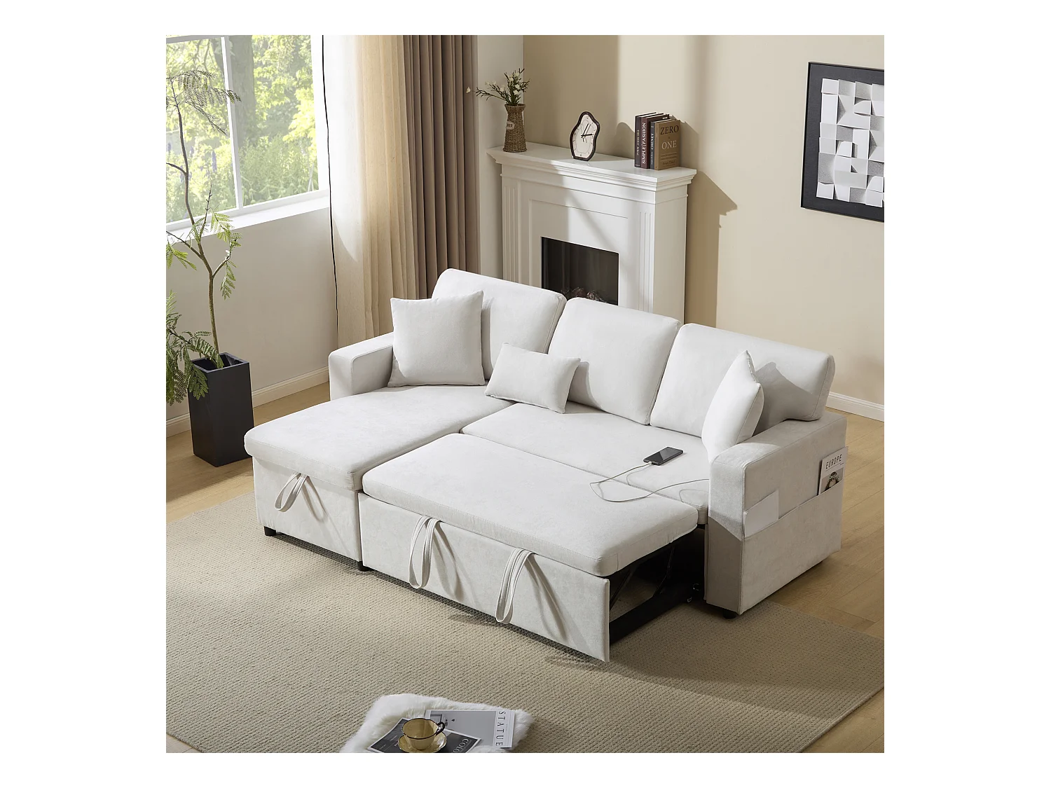 Canapé-lit d'angle extensible - 90 x 180 cm - avec rangement et étagère intégrée - Tissu Oxford - blanc