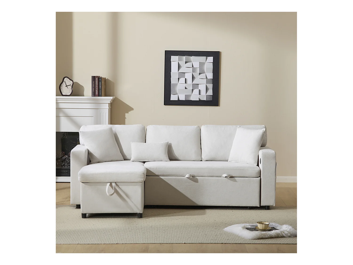 Canapé-lit d'angle extensible - 90 x 180 cm - avec rangement et étagère intégrée - Tissu Oxford - blanc