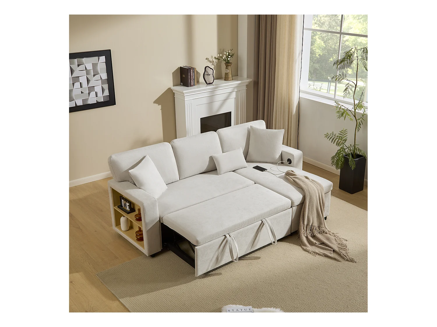 Canapé-lit d'angle extensible - 90 x 180 cm - avec rangement et étagère intégrée - Tissu Oxford - blanc