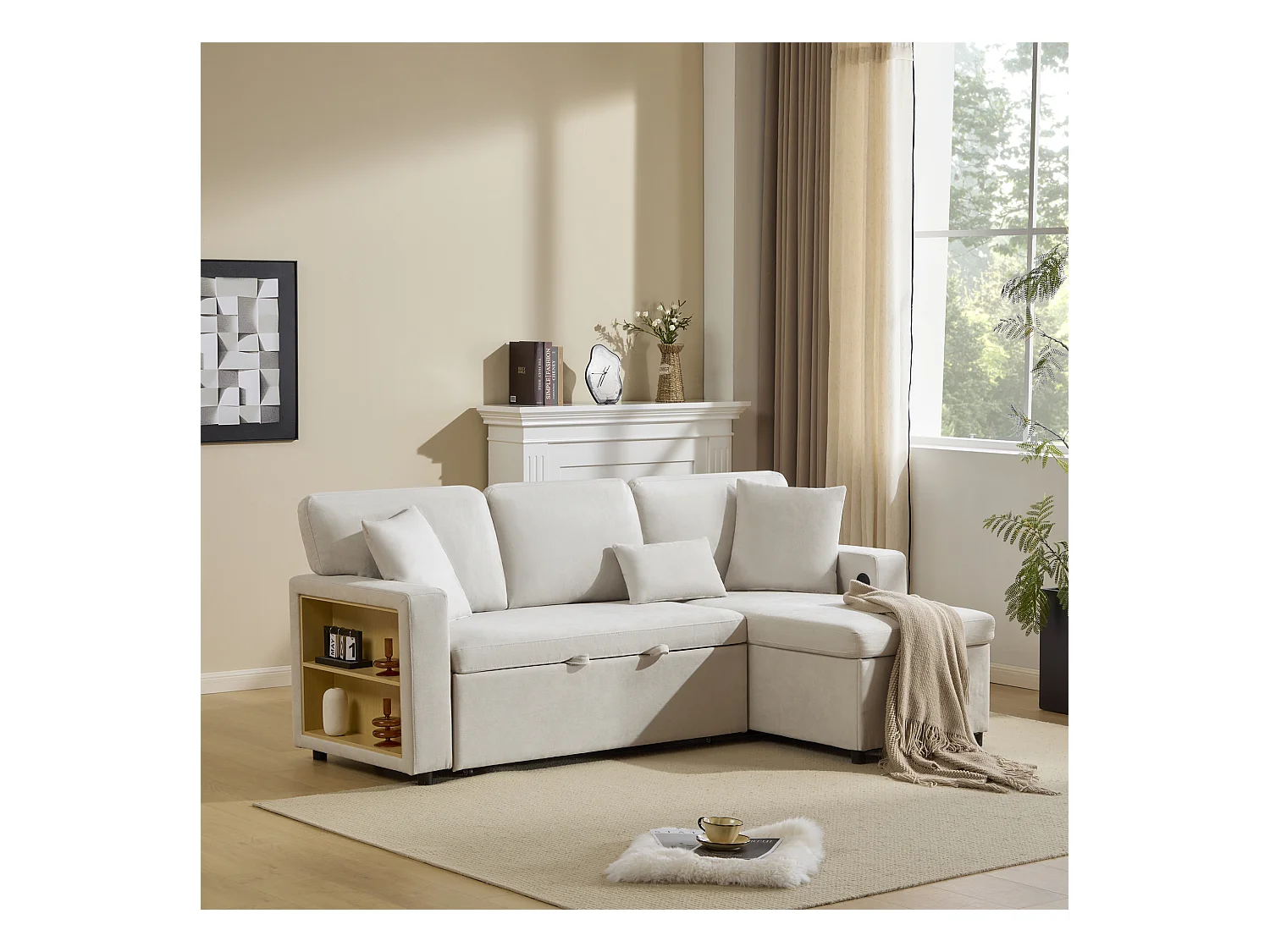 Canapé-lit d'angle extensible - 90 x 180 cm - avec rangement et étagère intégrée - Tissu Oxford - blanc