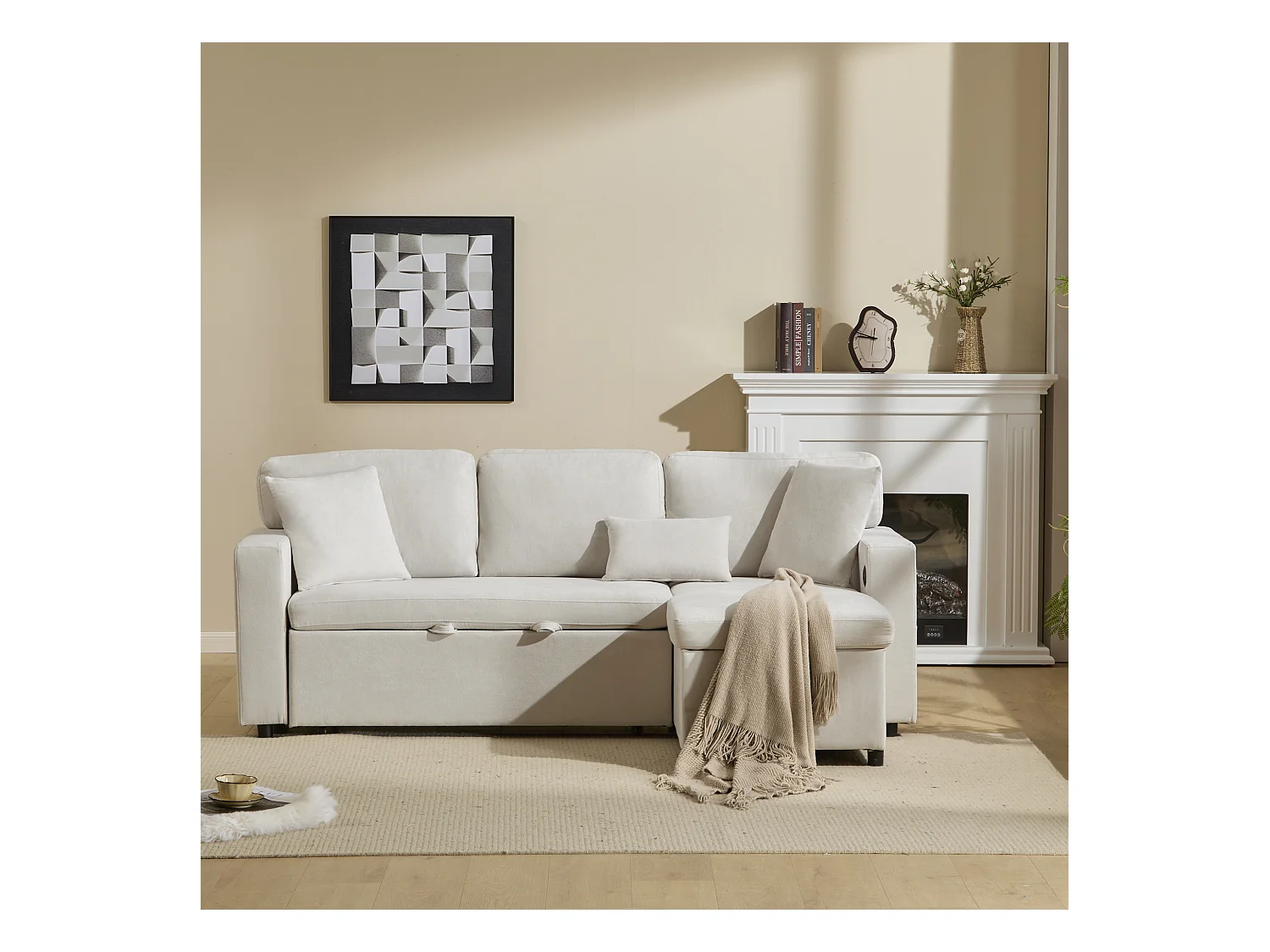 Canapé-lit d'angle extensible - 90 x 180 cm - avec rangement et étagère intégrée - Tissu Oxford - blanc