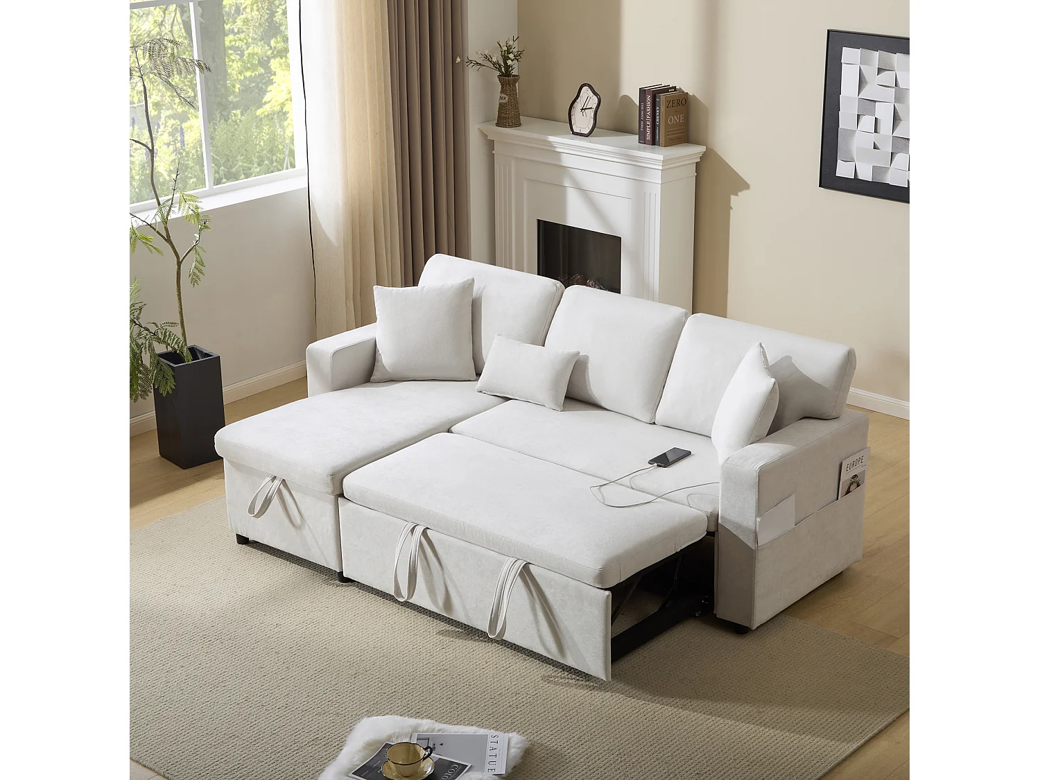 Sofá cama esquinero extensible - 90 x 180 cm - con espacio de almacenaje y estante integrado - Tejido Oxford - blanco