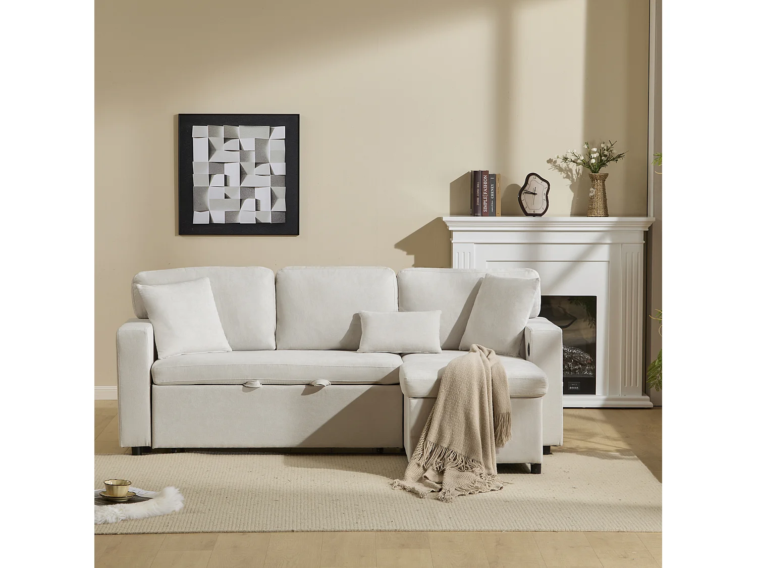 Sofá cama esquinero extensible - 90 x 180 cm - con espacio de almacenaje y estante integrado - Tejido Oxford - blanco