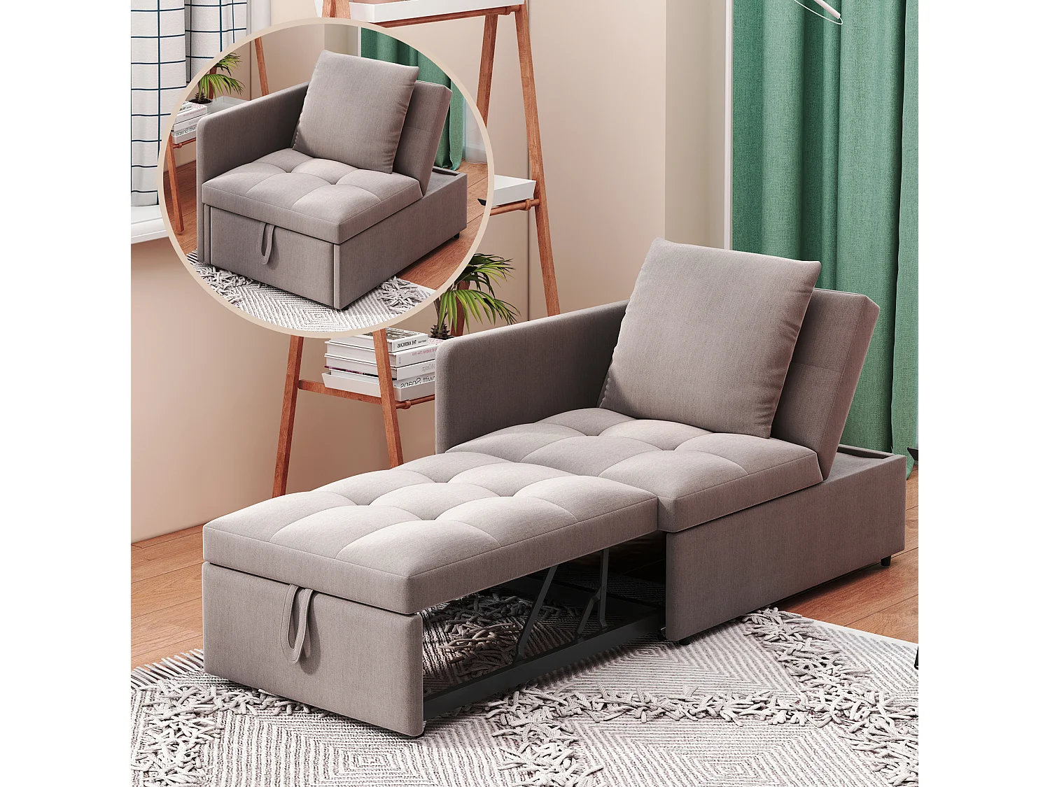 Sofá-cama estofado 3 em 1 - 60 x 150 cm - Sofá com encosto ajustável - Tecido de linho - Cinza