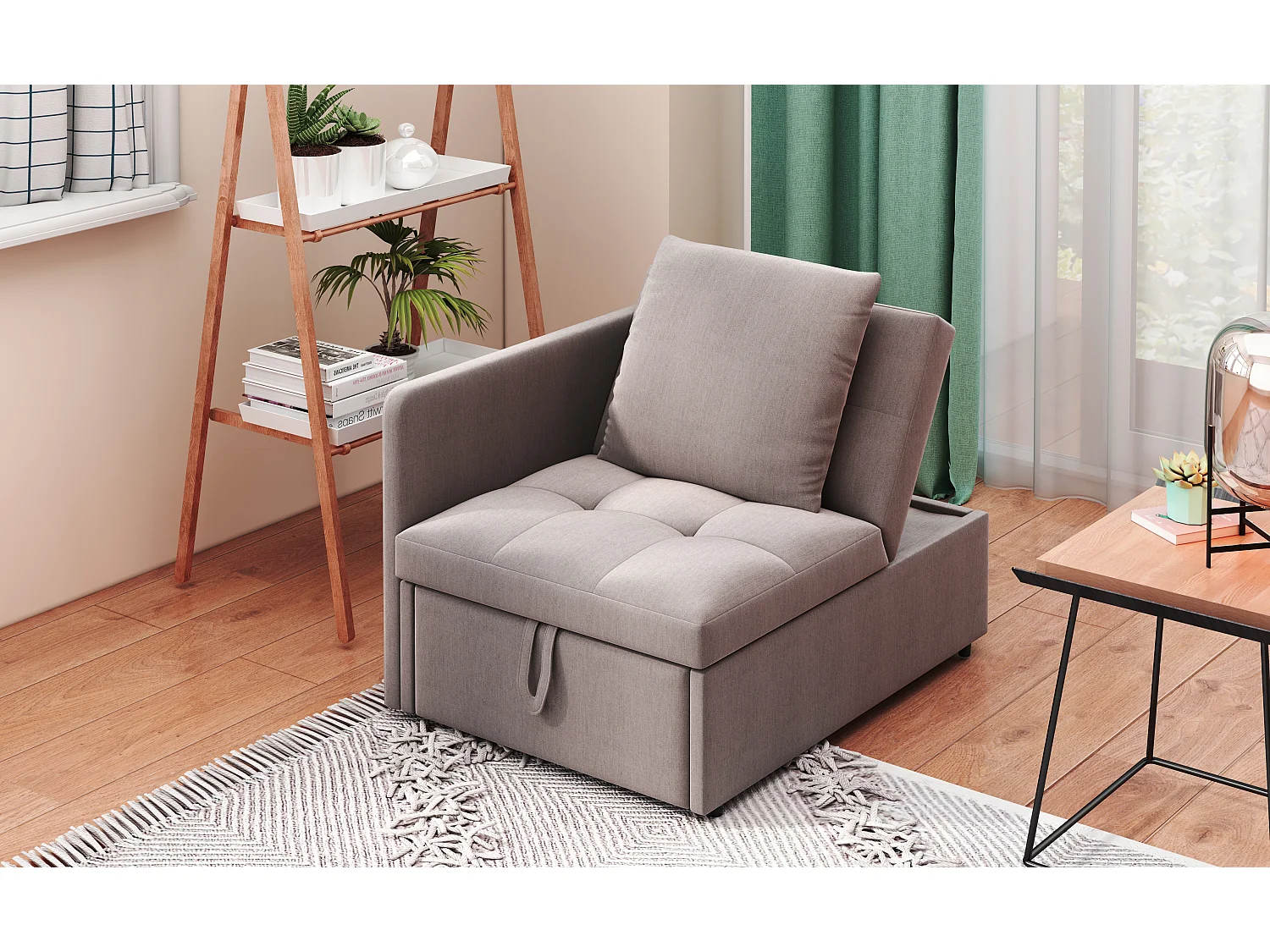 Sofá-cama estofado 3 em 1 - 60 x 150 cm - Sofá com encosto ajustável - Tecido de linho - Cinza