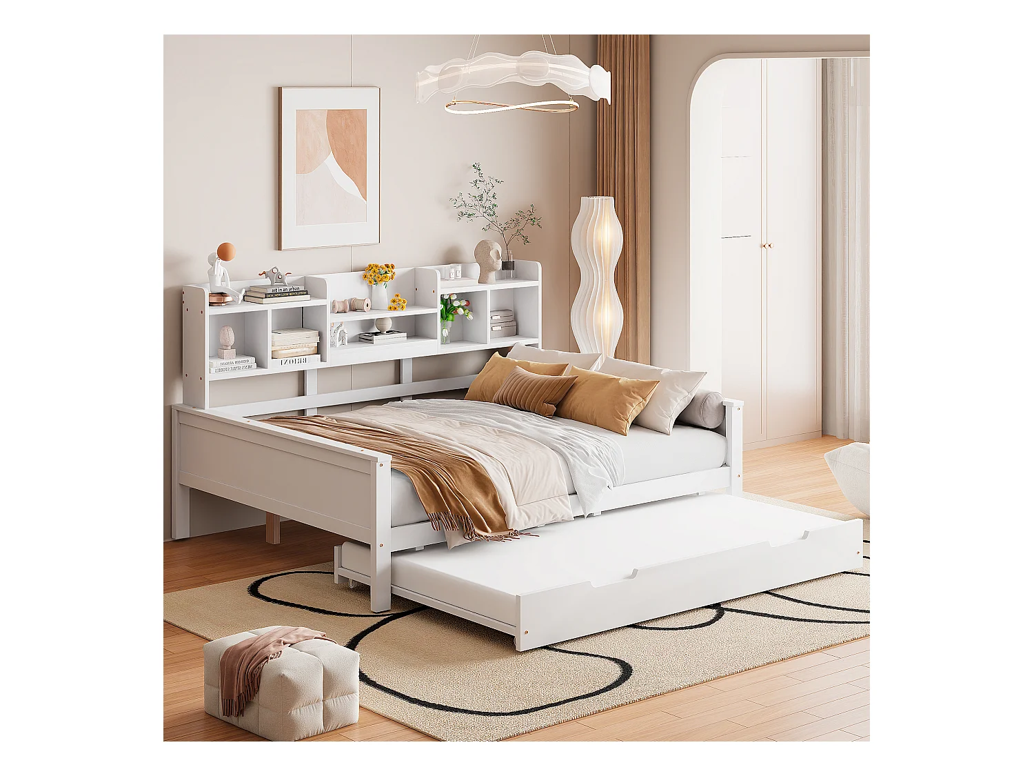 Cama de solteiro com bicama - 140 x 200 cm + 90 x 190 cm - Sofá-cama com espaço de armazenamento - Pinho + compensado + MDF - branco