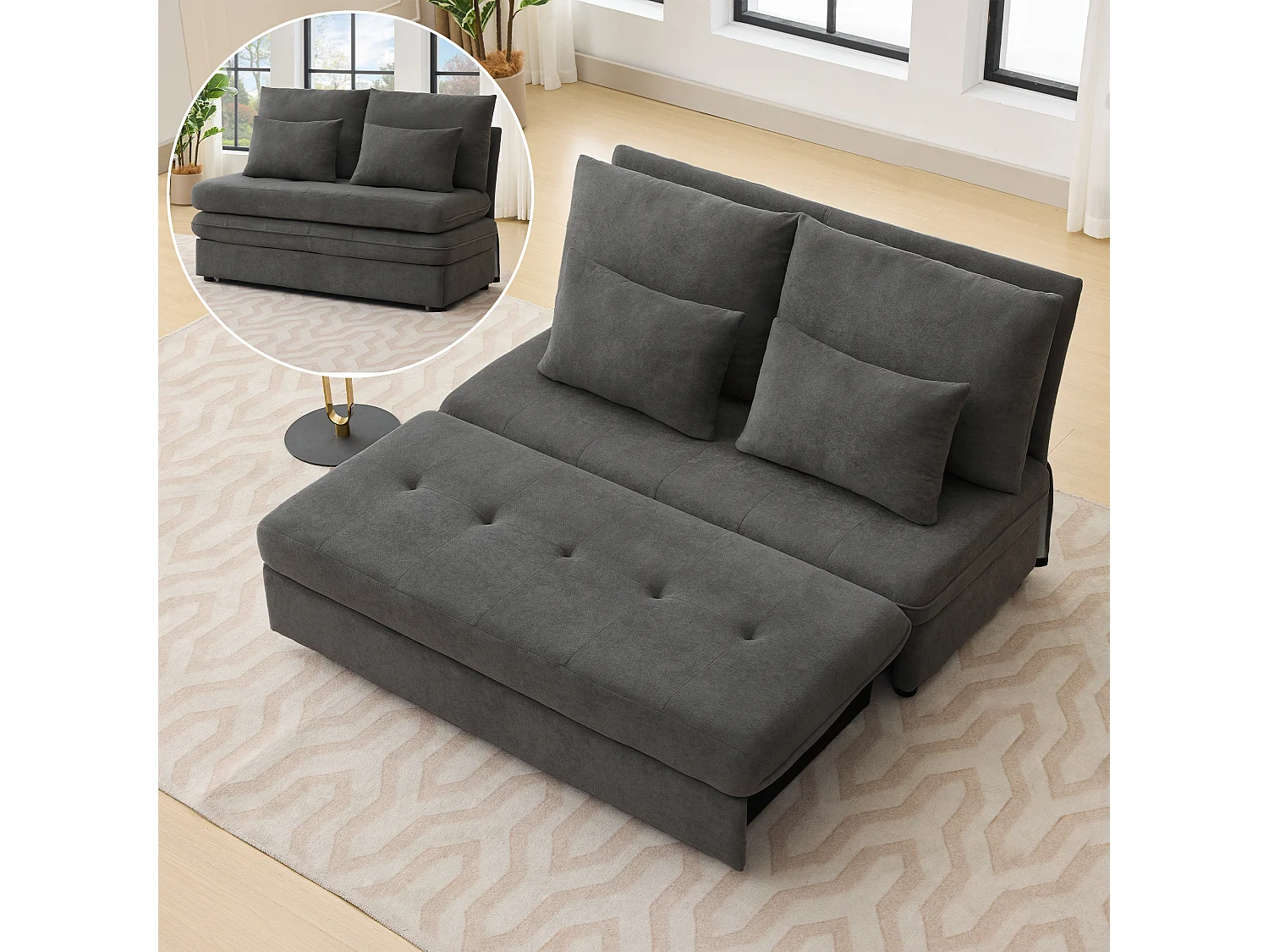 Sofá-cama estofado - 90 x 130 cm - com espaço de armazenamento e almofadas grossas - Tecido Chenille - cinza