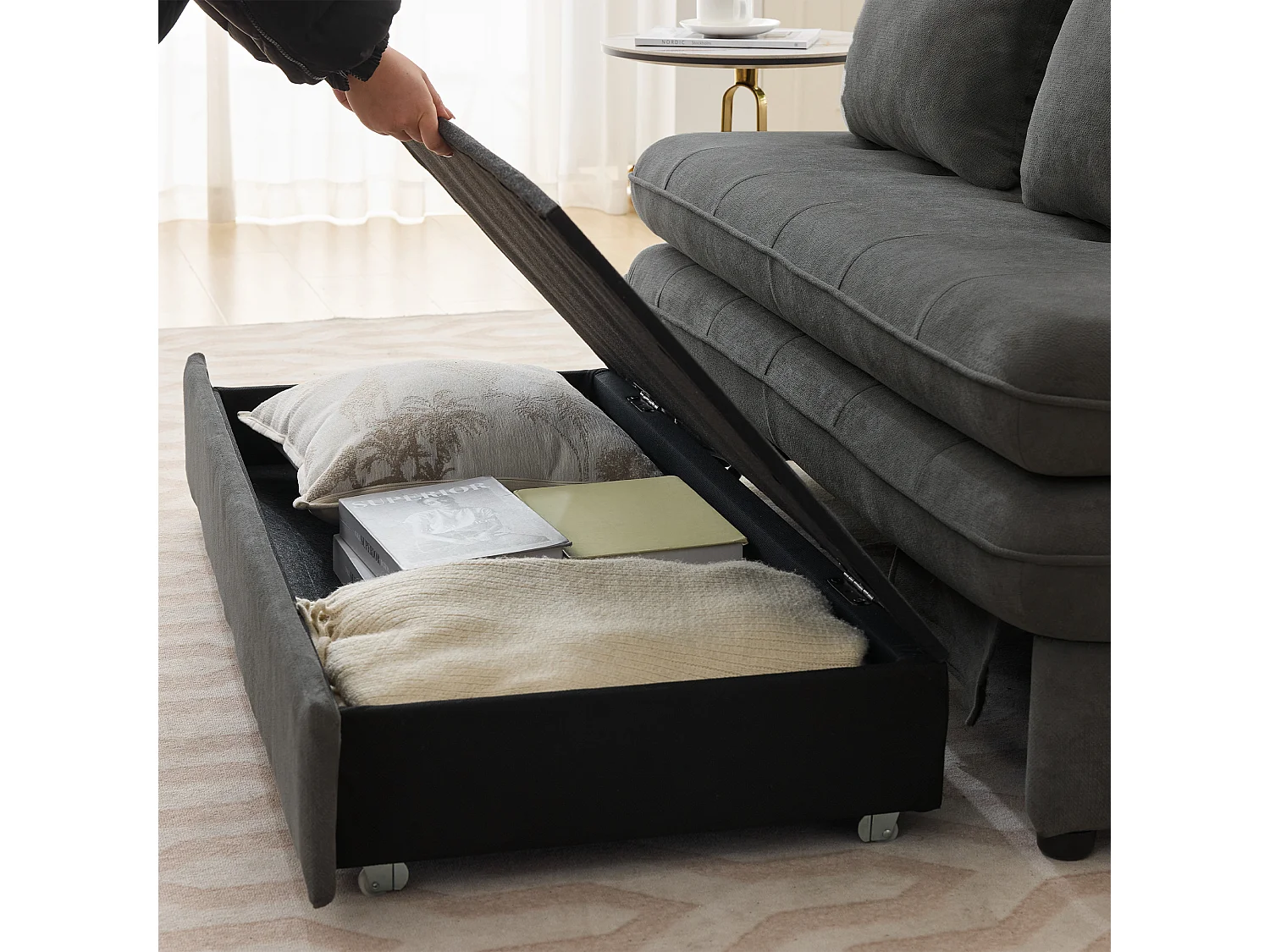 Sofá-cama estofado - 90 x 130 cm - com espaço de armazenamento e almofadas grossas - Tecido Chenille - cinza