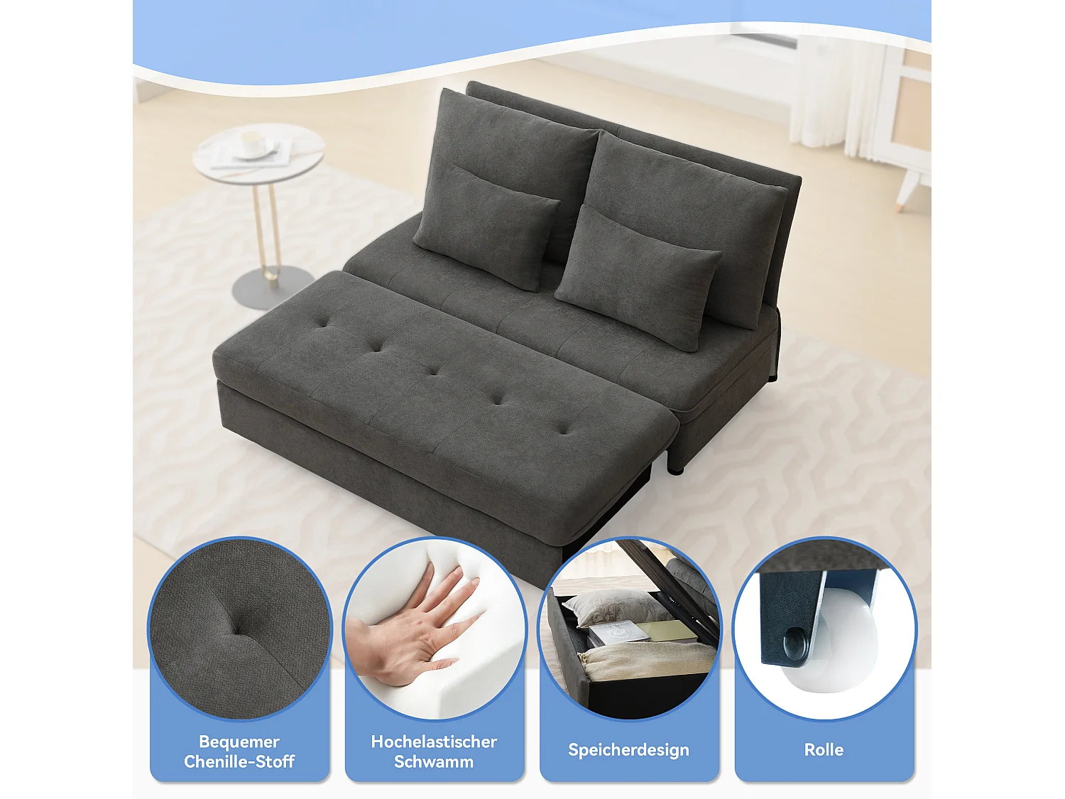 Sofá-cama estofado - 90 x 130 cm - com espaço de armazenamento e almofadas grossas - Tecido Chenille - cinza