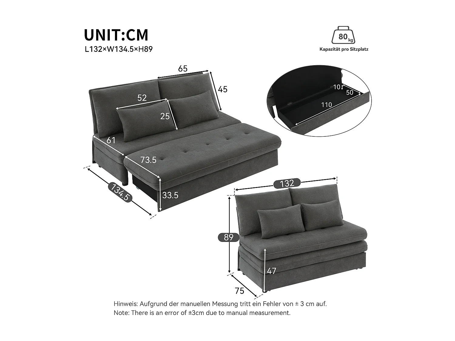 Sofá-cama estofado - 90 x 130 cm - com espaço de armazenamento e almofadas grossas - Tecido Chenille - cinza