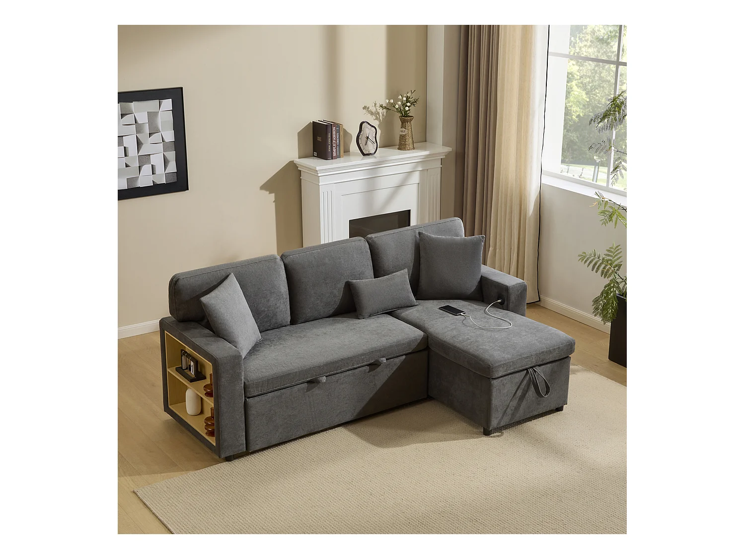 Canapé-lit d'angle extensible - 90 x 180 cm - avec rangement et étagère intégrée - Tissu Oxford - gris