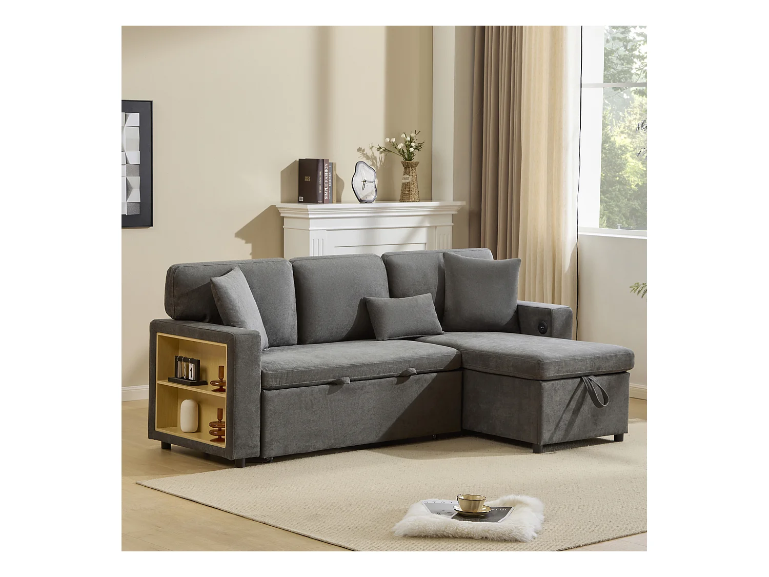 Canapé-lit d'angle extensible - 90 x 180 cm - avec rangement et étagère intégrée - Tissu Oxford - gris