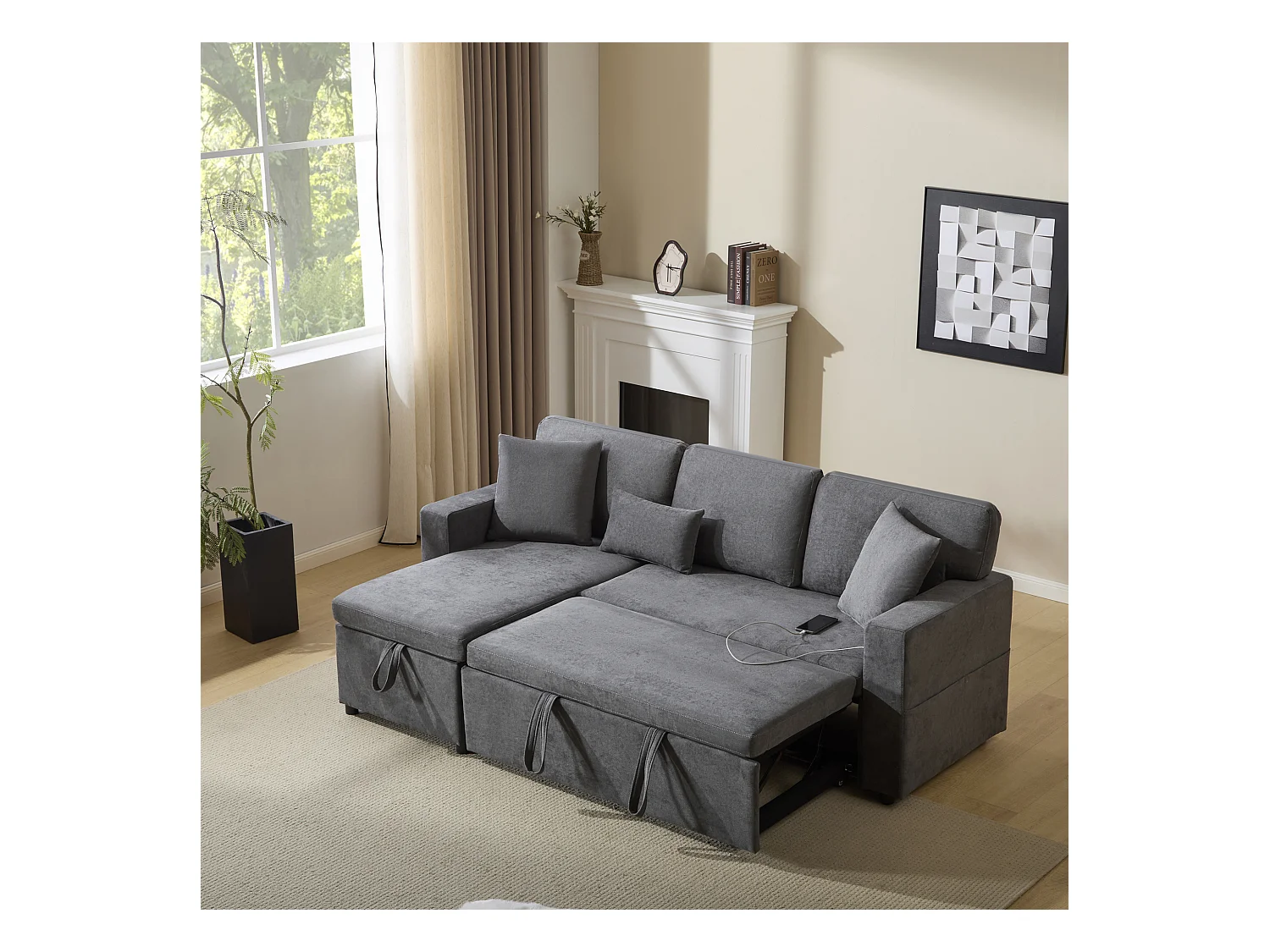 Canapé-lit d'angle extensible - 90 x 180 cm - avec rangement et étagère intégrée - Tissu Oxford - gris