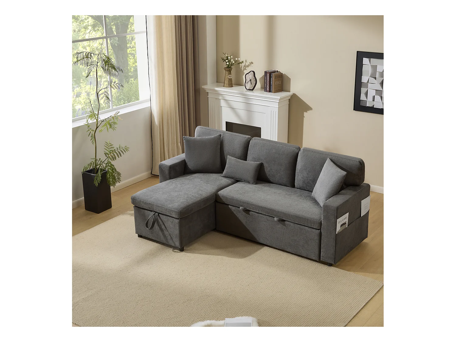 Canapé-lit d'angle extensible - 90 x 180 cm - avec rangement et étagère intégrée - Tissu Oxford - gris