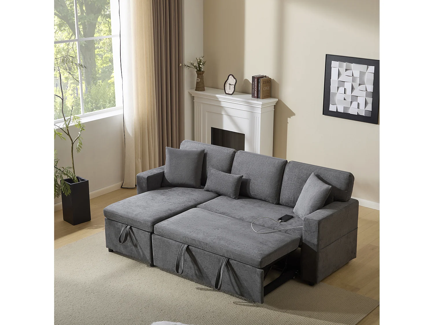 Canapé-lit d'angle extensible - 90 x 180 cm - avec rangement et étagère intégrée - Tissu Oxford - gris