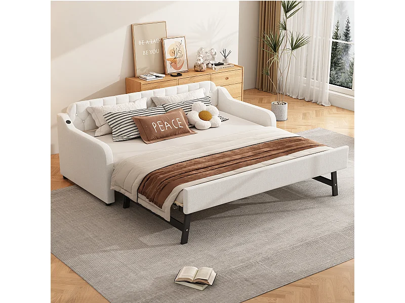 Łóżko pojedyncze z wysuwanym łóżkiem - 2 x 90 x 190 cm - Sofa rozkładana z USB - Pościel + MDF - beż