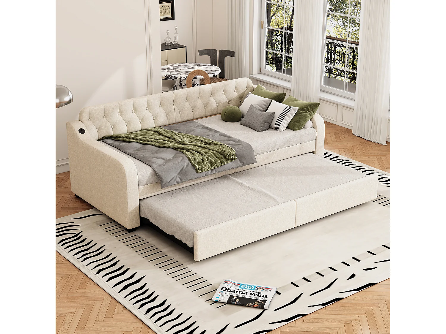 Lit gigogne simple - 2 x 90 x 190 cm - Canapé-lit avec USB - Lin + MDF - beige