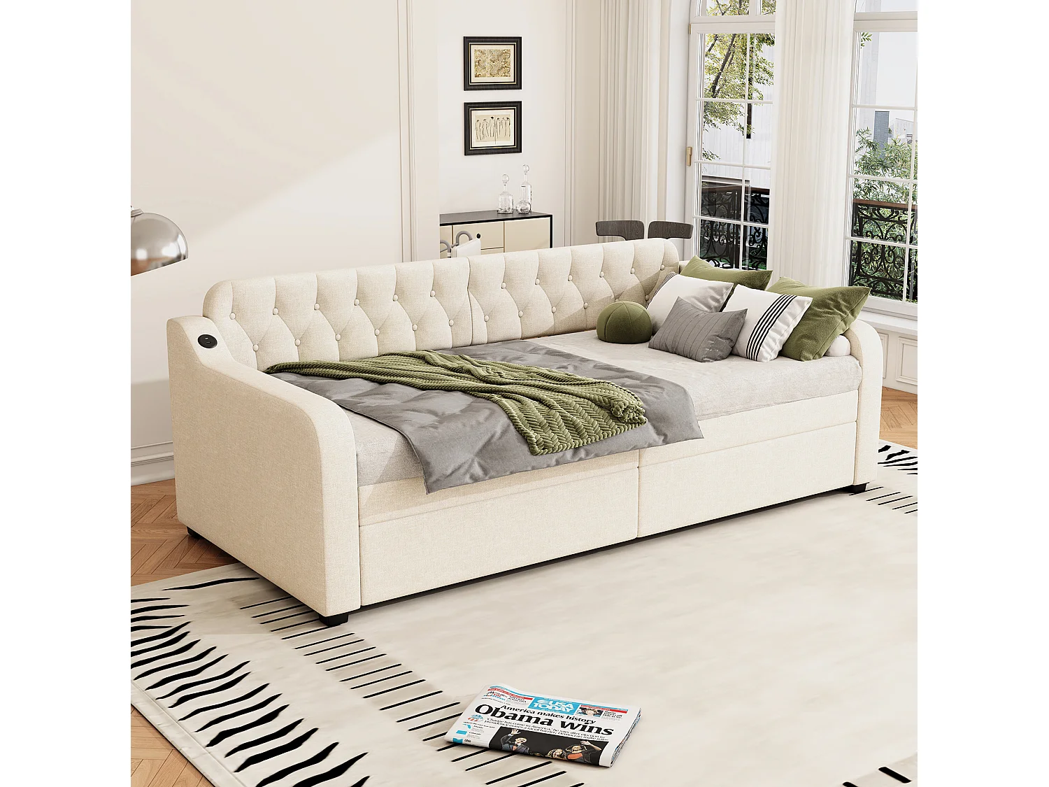 Lit gigogne simple - 2 x 90 x 190 cm - Canapé-lit avec USB - Lin + MDF - beige