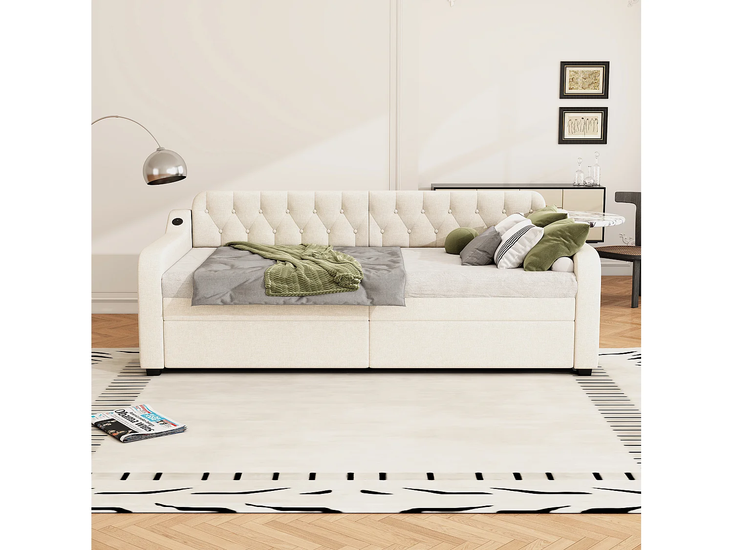Lit gigogne simple - 2 x 90 x 190 cm - Canapé-lit avec USB - Lin + MDF - beige