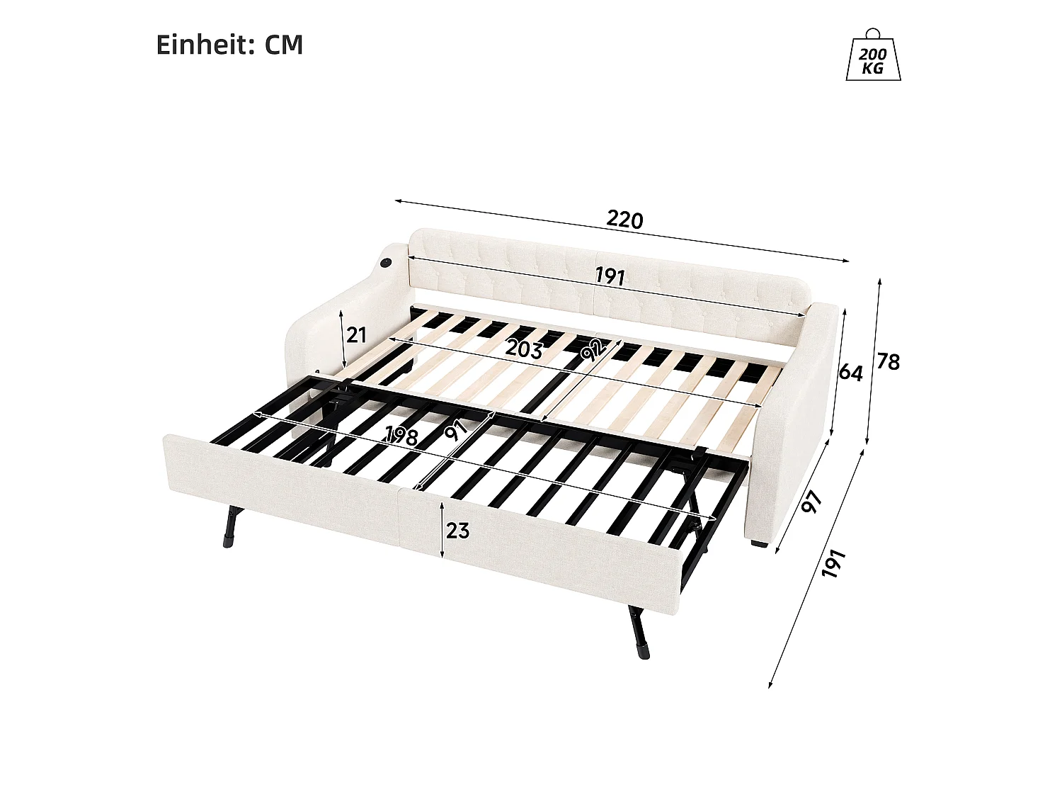 Lit gigogne simple - 2 x 90 x 190 cm - Canapé-lit avec USB - Lin + MDF - beige