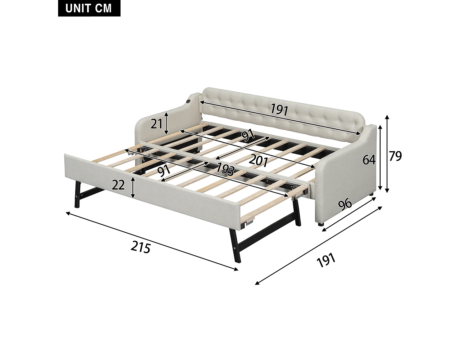 Lit gigogne simple - 2 x 90 x 190 cm - Canapé-lit avec USB - Lin + MDF - beige