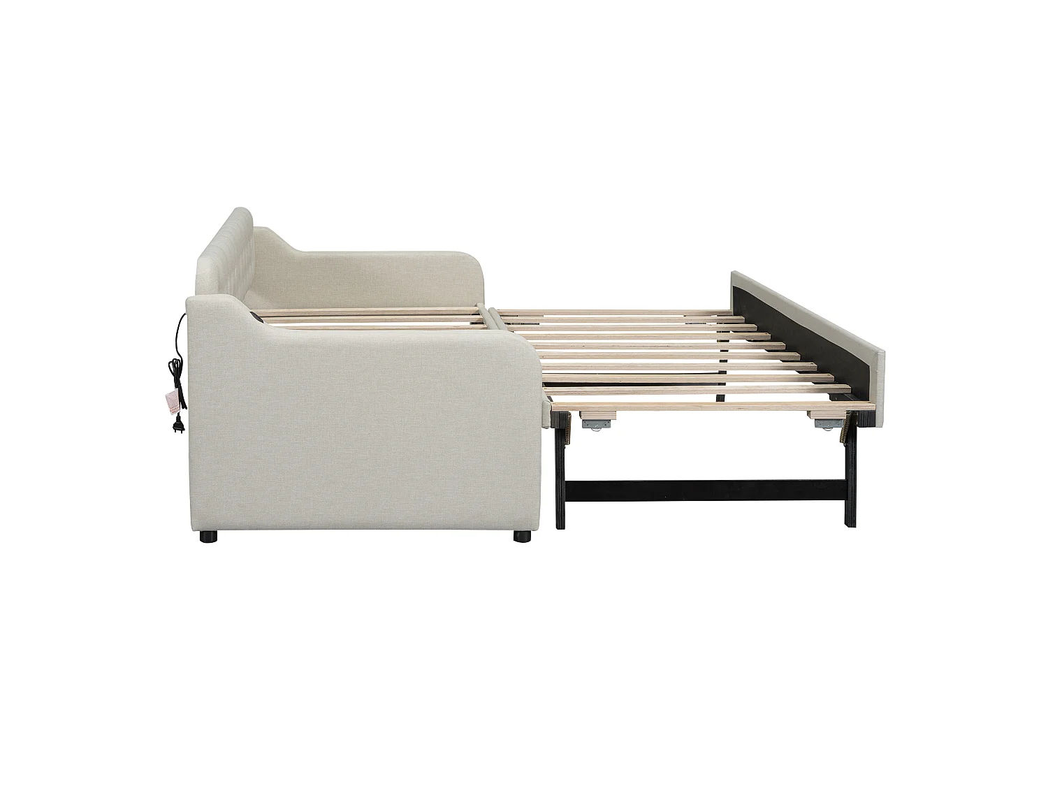 Lit gigogne simple - 2 x 90 x 190 cm - Canapé-lit avec USB - Lin + MDF - beige