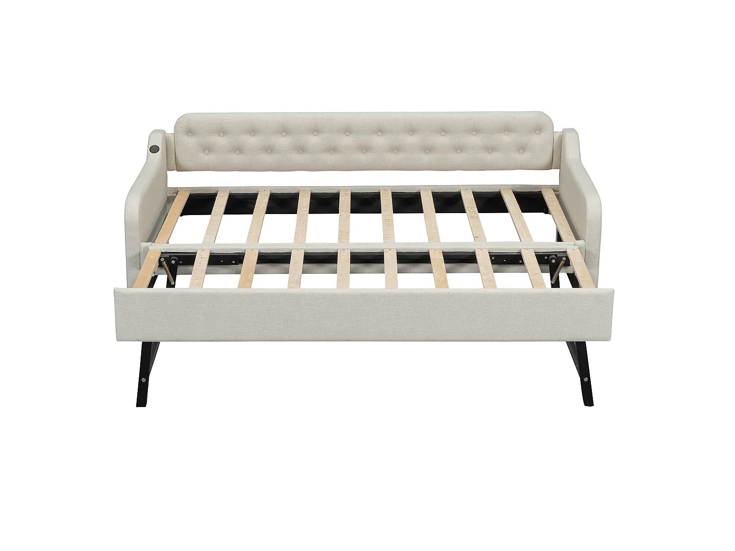 Lit gigogne simple - 2 x 90 x 190 cm - Canapé-lit avec USB - Lin + MDF - beige