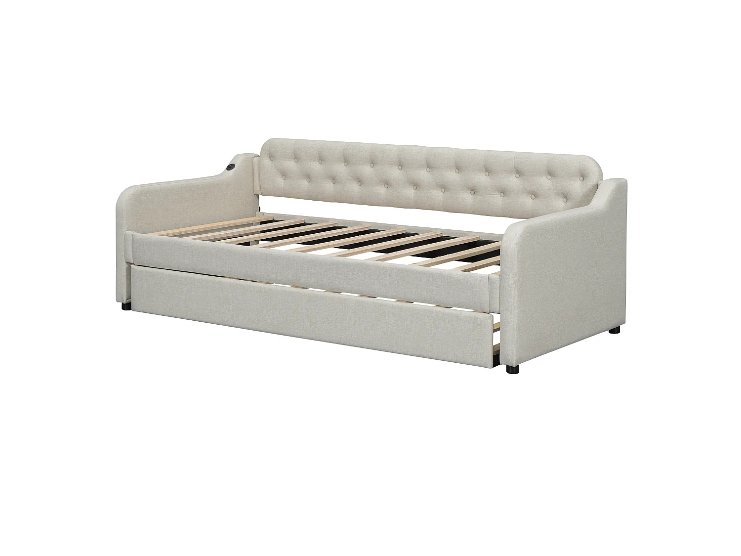 Lit gigogne simple - 2 x 90 x 190 cm - Canapé-lit avec USB - Lin + MDF - beige