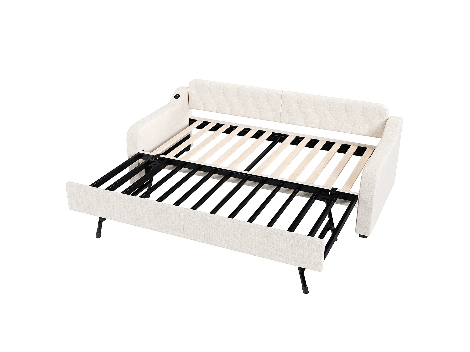 Lit gigogne simple - 2 x 90 x 220 cm - Canapé-lit avec USB - Lin + MDF - beige