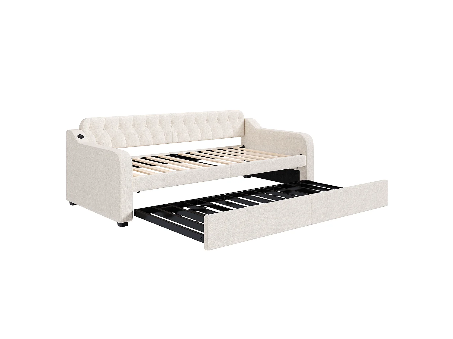 Lit gigogne simple - 2 x 90 x 220 cm - Canapé-lit avec USB - Lin + MDF - beige