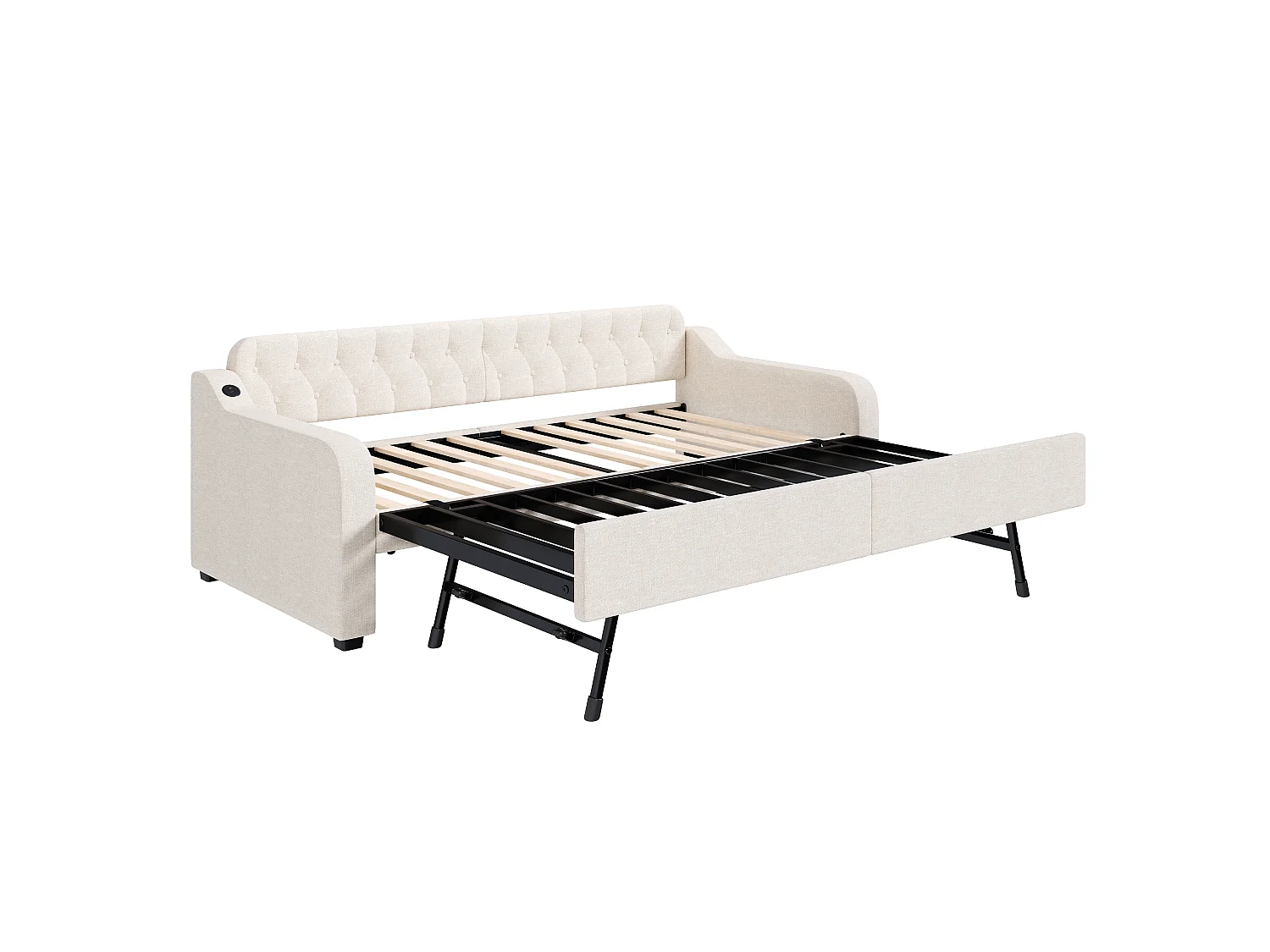 Lit gigogne simple - 2 x 90 x 220 cm - Canapé-lit avec USB - Lin + MDF - beige