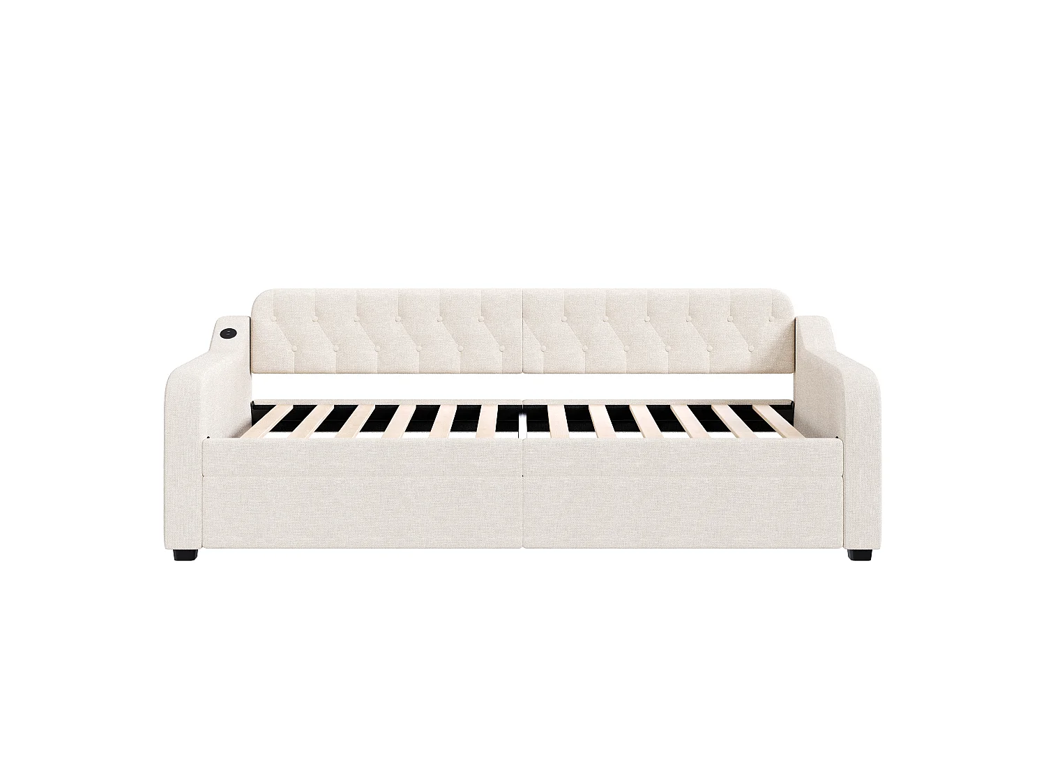 Lit gigogne simple - 2 x 90 x 220 cm - Canapé-lit avec USB - Lin + MDF - beige