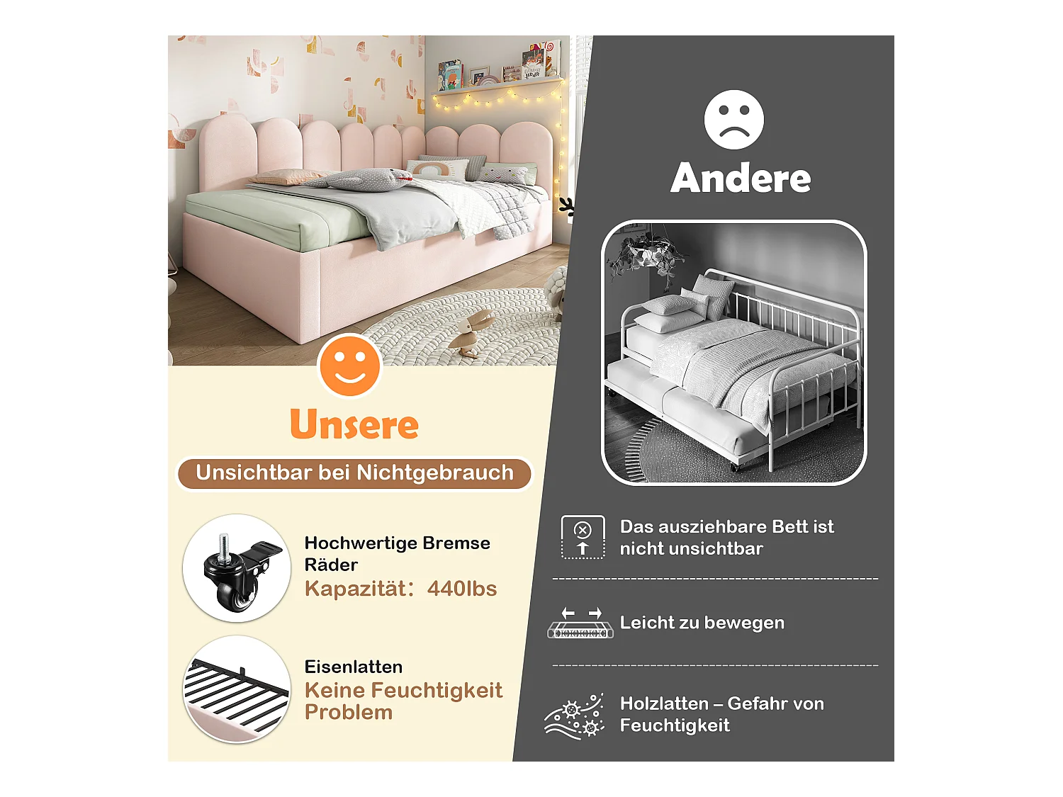 Lit gigogne rembourré - 90 x 200 cm + 90 x 190 cm - canapé-lit enfant - sans matelas - velours - rose