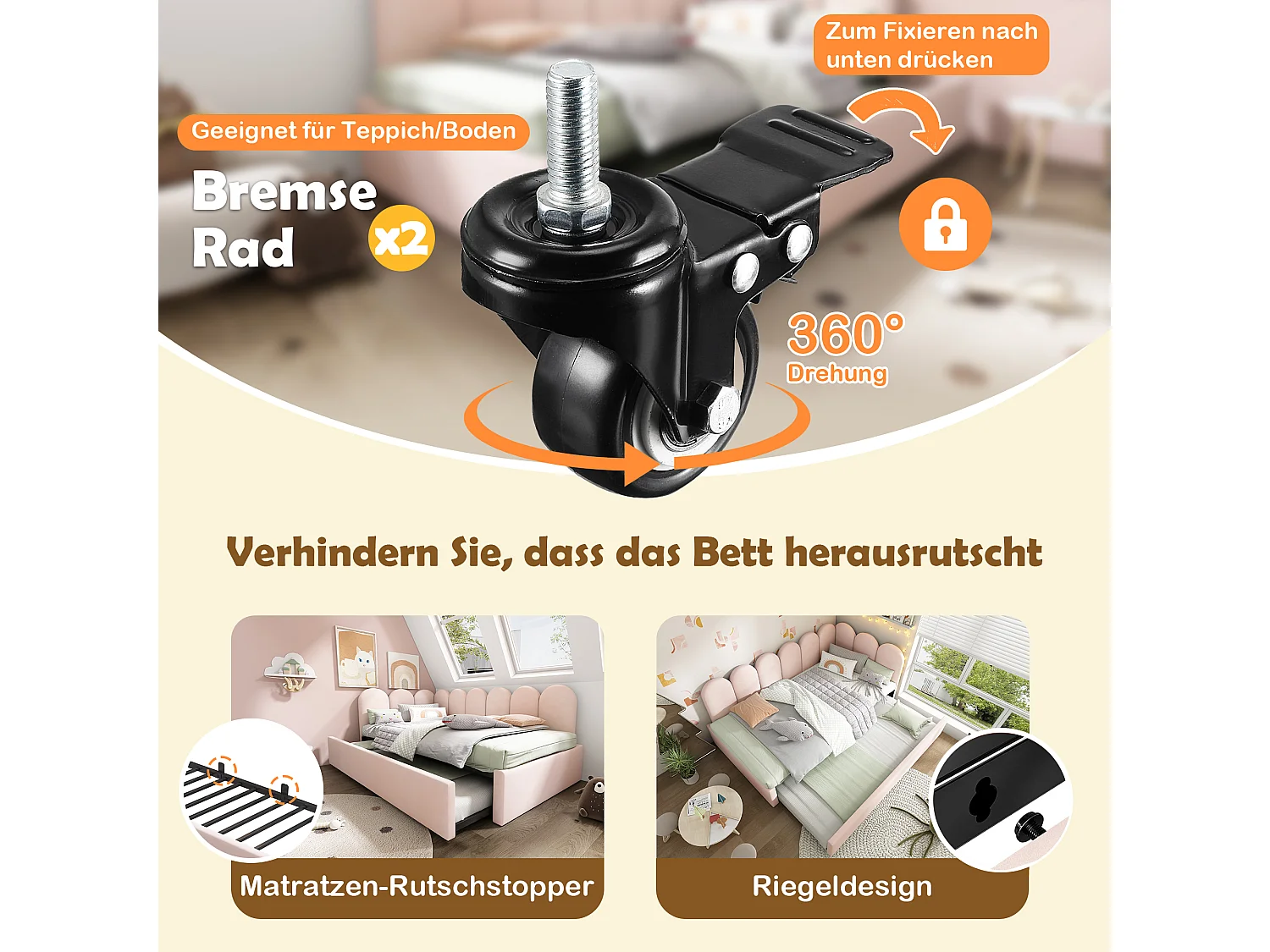 Polster-Ausziehbett - 90x200 cm + 90x190 cm - Kinder-Schlafsofa - ohne Matratze - Samt - rosa