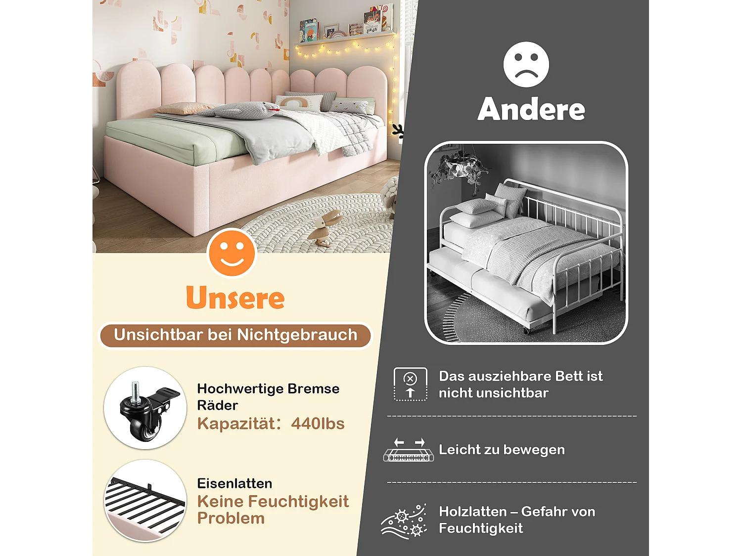 Polster-Ausziehbett - 90x200 cm + 90x190 cm - Kinder-Schlafsofa - ohne Matratze - Samt - rosa