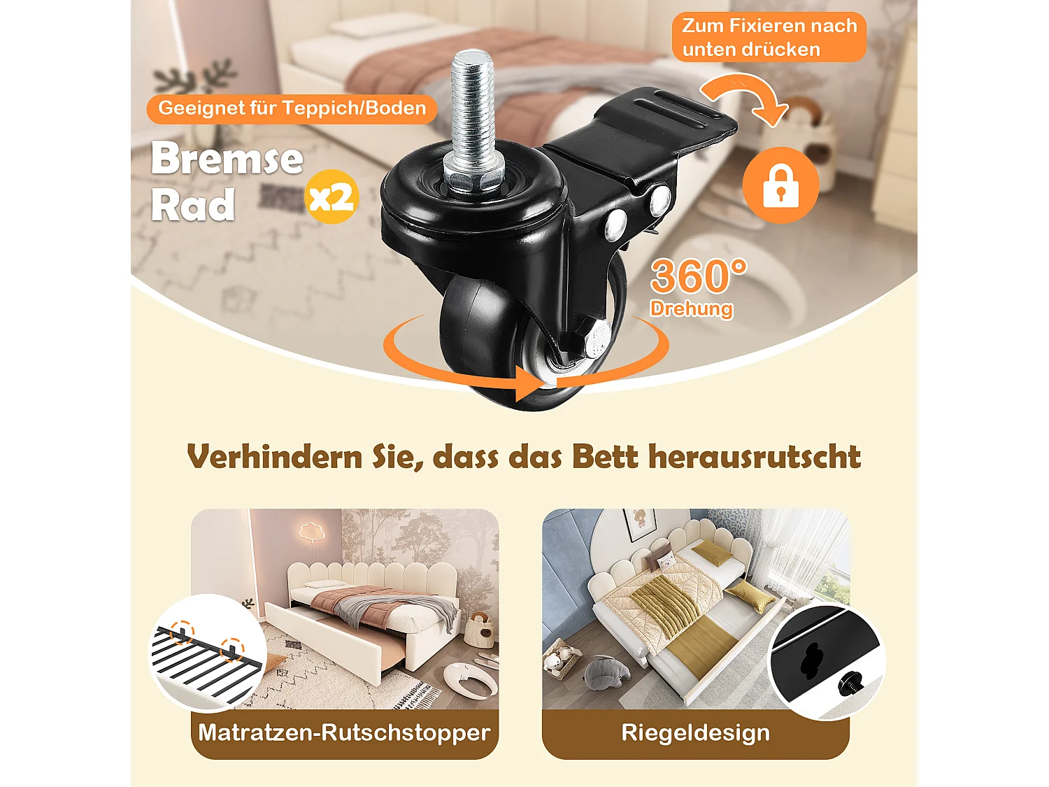 Lit gigogne rembourré - 90 x 200 cm + 90 x 190 cm - canapé-lit enfant - sans matelas - velours - beige