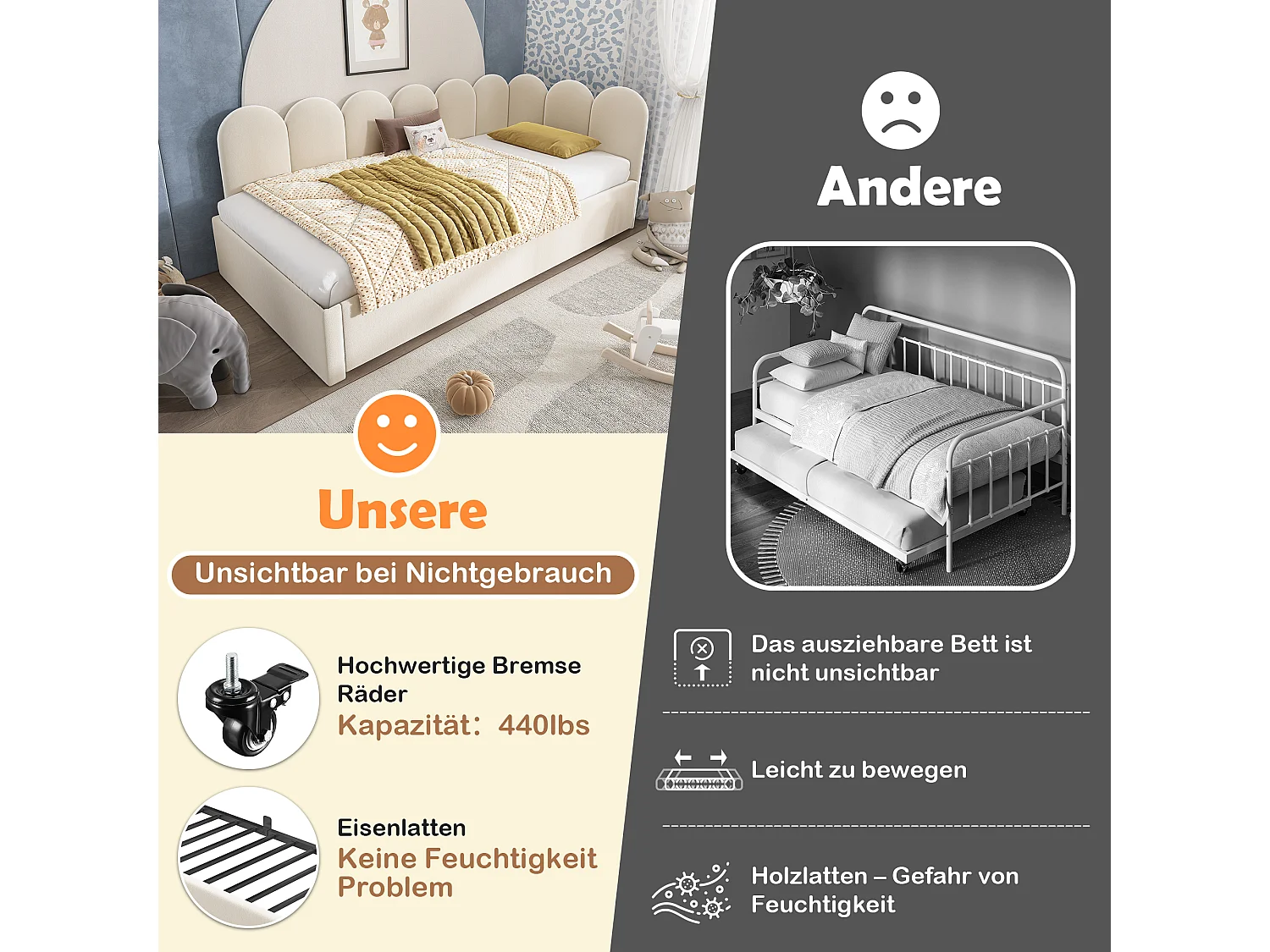 Lit gigogne rembourré - 90 x 200 cm + 90 x 190 cm - canapé-lit enfant - sans matelas - velours - beige