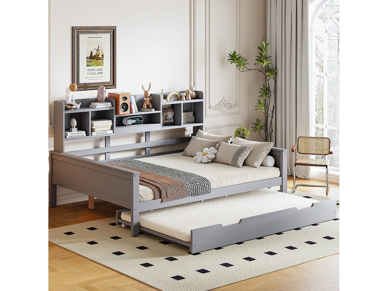 Lit gigogne simple - 140 x 200 cm + 90 x 190 cm - Canapé-lit avec rangement - Pin + contreplaqué + MDF - gris