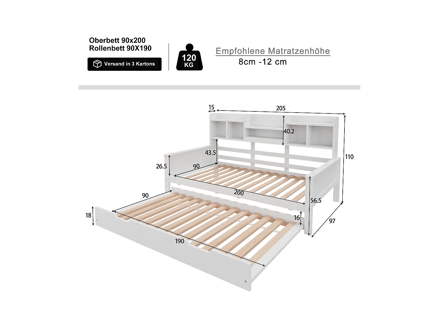 Lit gigogne simple - 90 x 200 cm + 90 x 190 cm - Canapé-lit avec rangement - Pin + contreplaqué + MDF - blanc