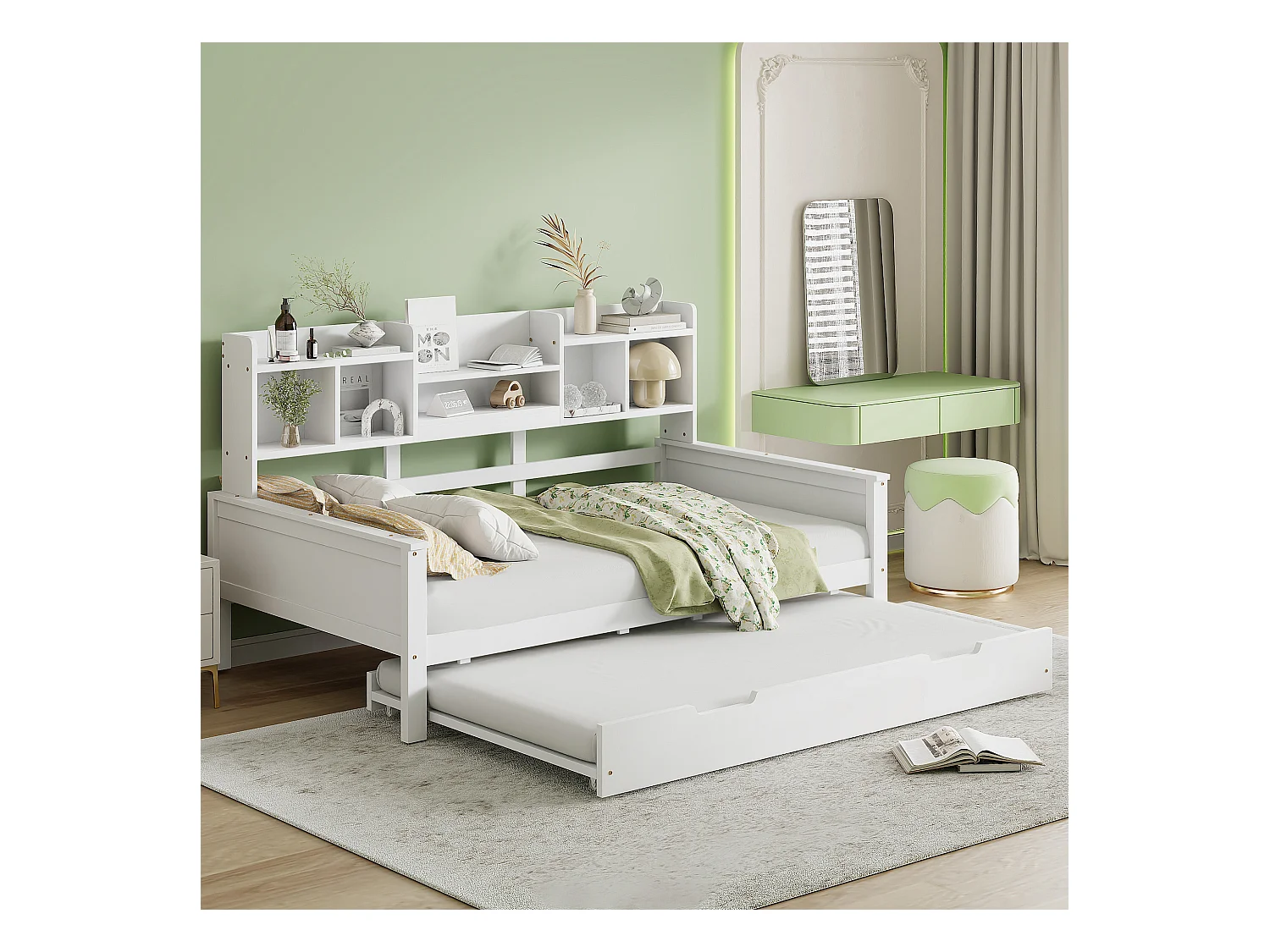 Eenpersoonsbed met uitschuifbed - 90 x 200 cm + 90 x 190 cm - Slaapbank met opbergruimte - Grenen + multiplex + MDF - wit