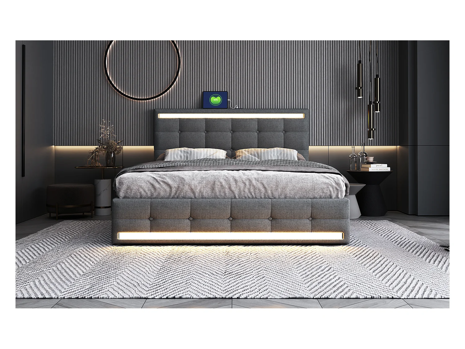 Lit coffre capitonné - 140 x 200 cm - 4 tiroirs + 2 stations de charge USB + Leds - tête de lit - Tissu Lin - gris