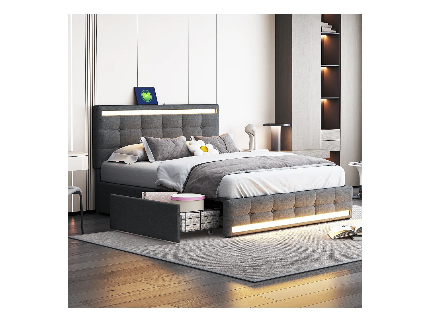 Lit coffre capitonné - 140 x 200 cm - 4 tiroirs + 2 stations de charge USB + Leds - tête de lit - Tissu Lin - gris