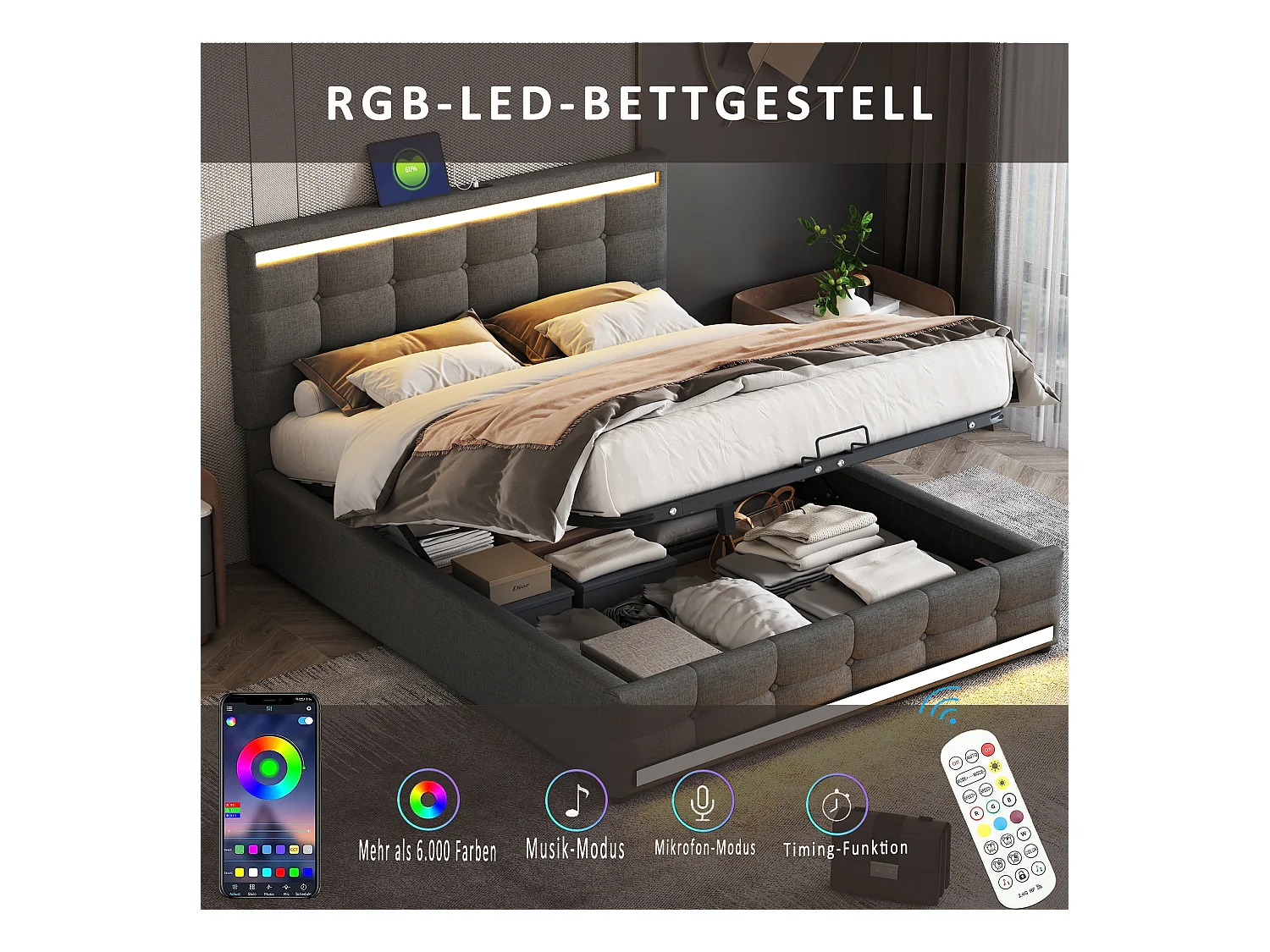 Lit coffre capitonné - 140 x 200 cm - 2 stations de charge USB + Leds- tête de lit réglable - Tissu Lin - gris