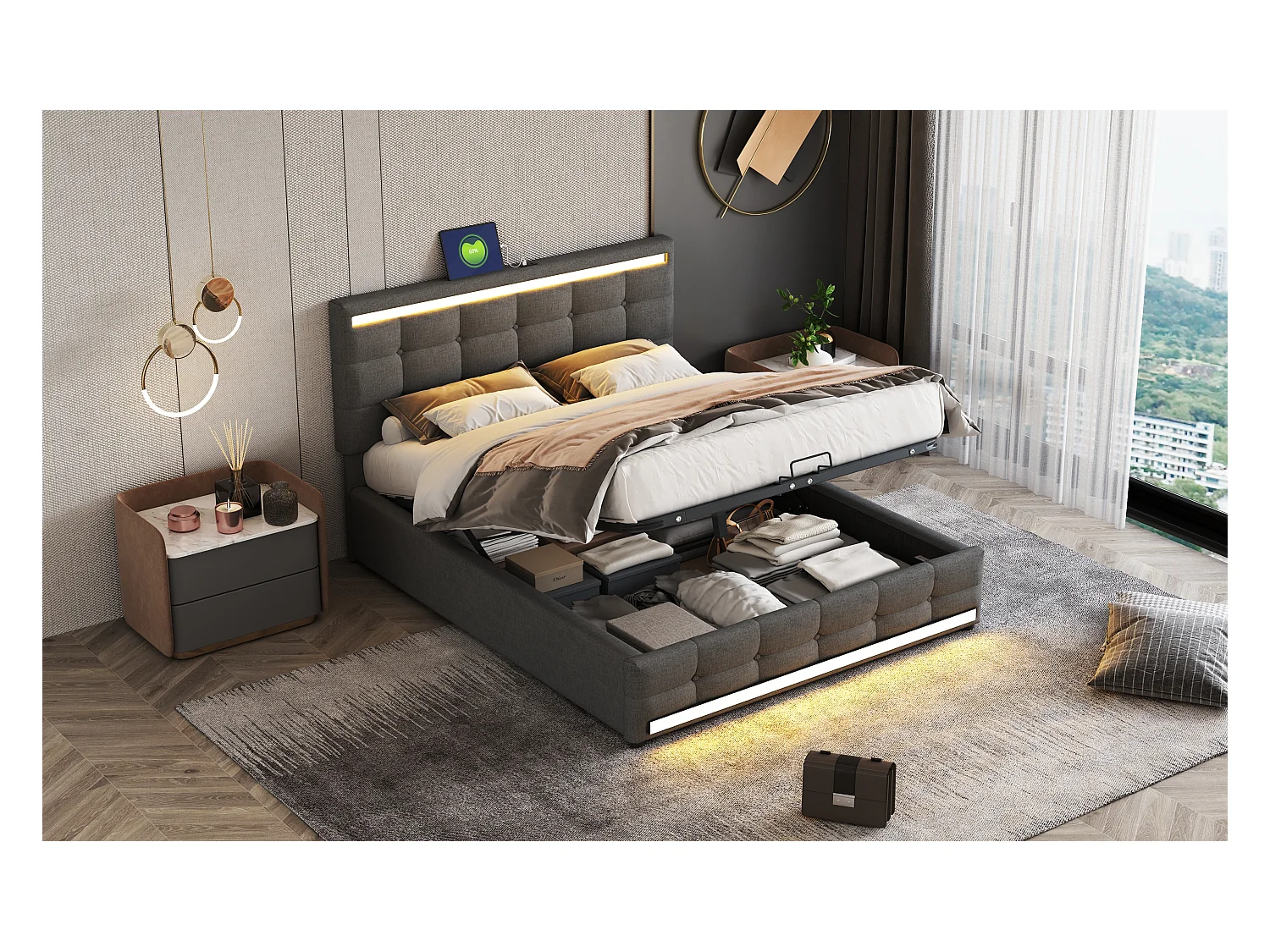 Lit coffre capitonné - 140 x 200 cm - 2 stations de charge USB + Leds- tête de lit réglable - Tissu Lin - gris