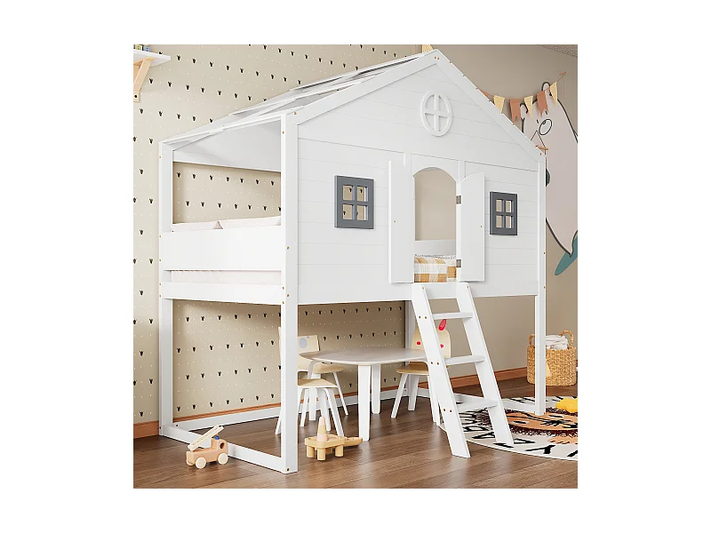 Kinderhut hoogslaper - 90 x 200 cm - met trap + 2 ramen - grenen + MDF - wit + grijs