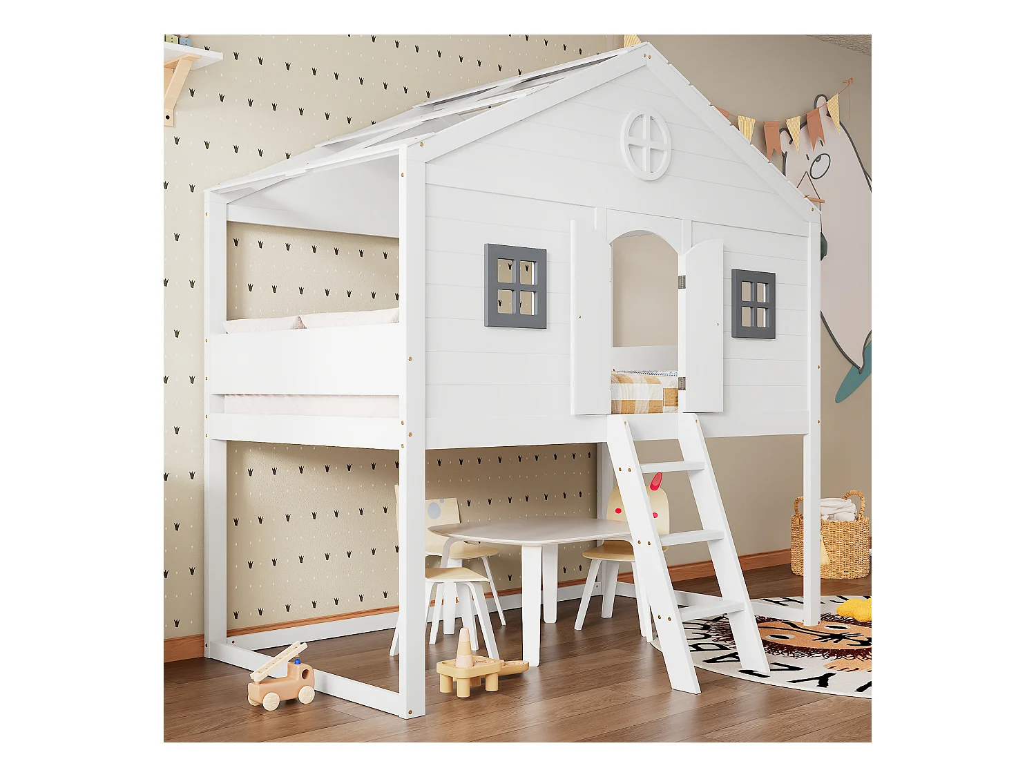 Lit mezzanine cabane pour enfant - 90 x 200 cm - avec escalier + 2 fenêtres - pin + MDF - blanc+gris